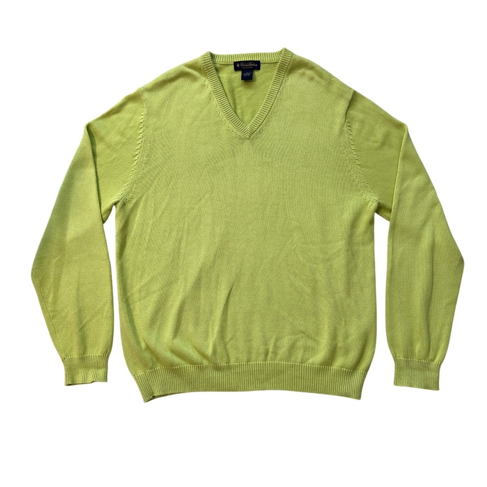 Brooks Brothers Pima Cotton V Neck‎ Sweater Mens Large Green Knit Pullover